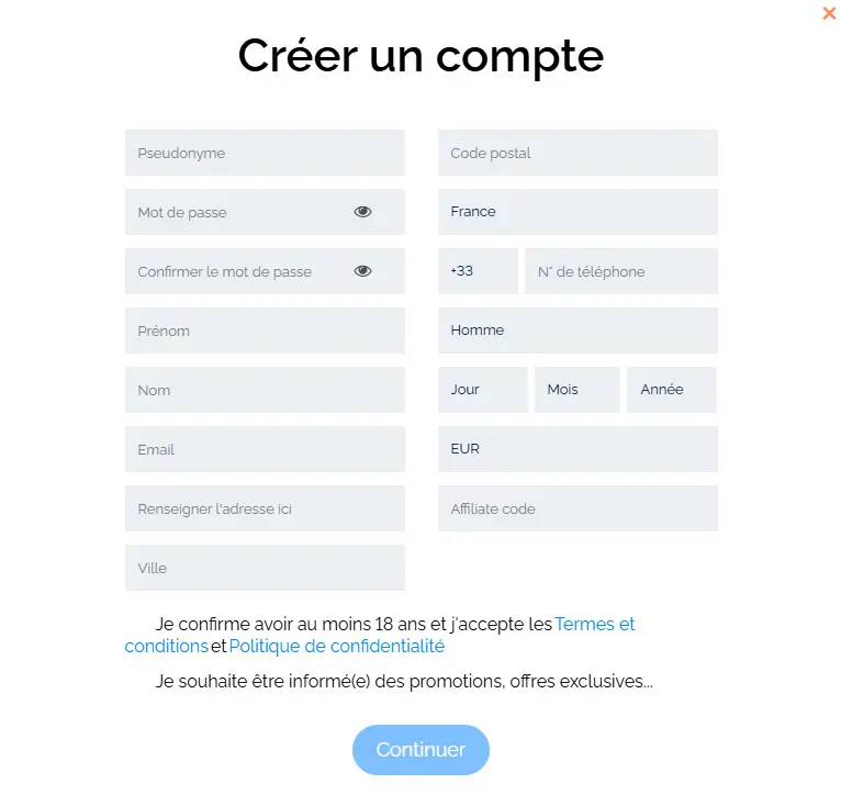 Processus d'inscription MADNIX CASINO